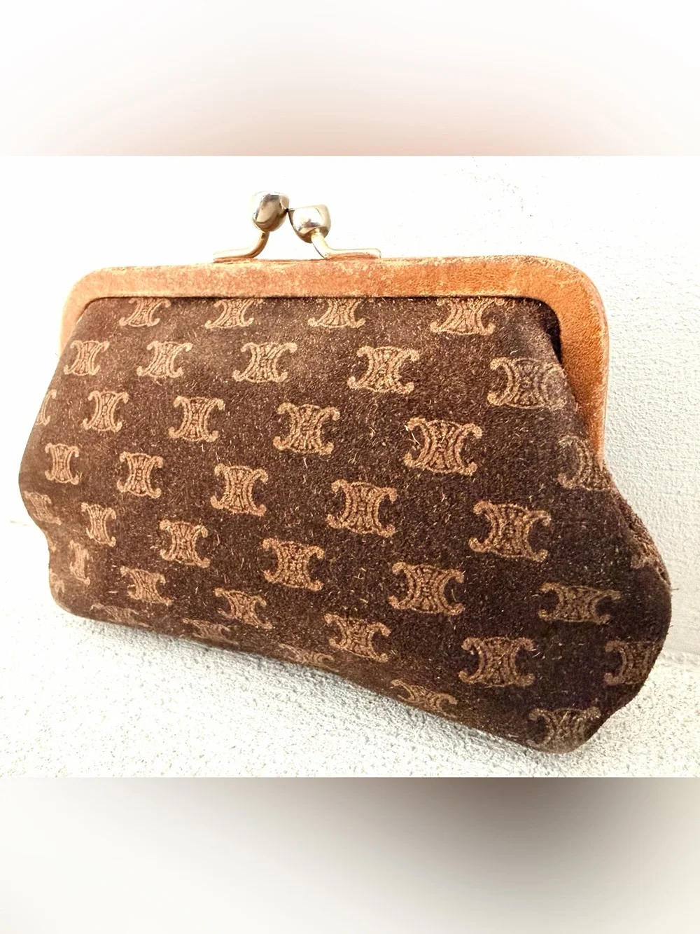 CELINE Rare Vintage C Macadam Suede Padded Kiss Lock Coin Purse